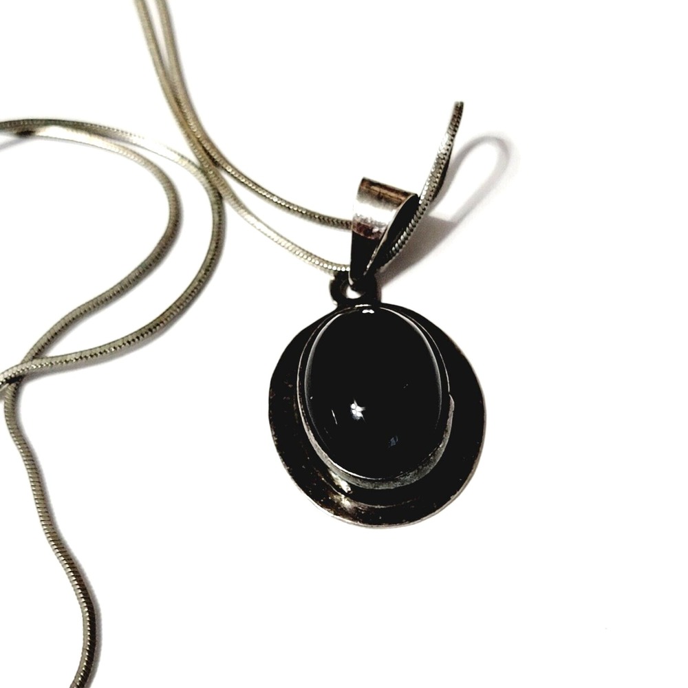 Vintage Black Onyx Pendant Necklace Sterling Silver 925 Retro 20in Chain